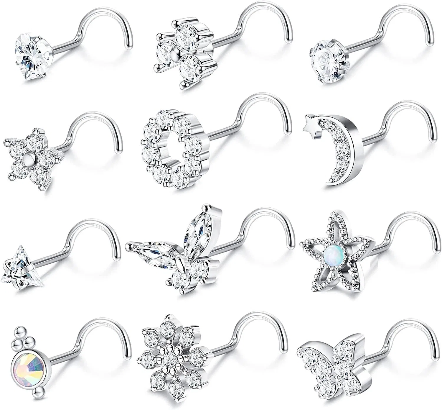 12Pcs 20G Nasenring Stud Edelstahl s-Form Nasen Ringe Schraube Nasen Studs Kubik Zirkonia Schmetterling Nasen Piercing Schmuck für Frauen Männer