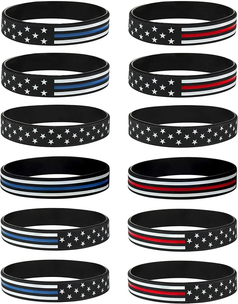12 Stück dünne blaue / rote Linie amerikanische Flagge Armband Set Silicone Armband Stretch Armband amerikanische Flagge Geschenk Gummi Armbänder für Männer