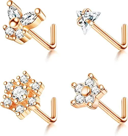 4 Stück 20G Nasen Ringe Studs Chirurgischer Stahl CZ Schmetterling Nasen Piercing Dreieck Nasen l-Form Studs für Frauen Männer