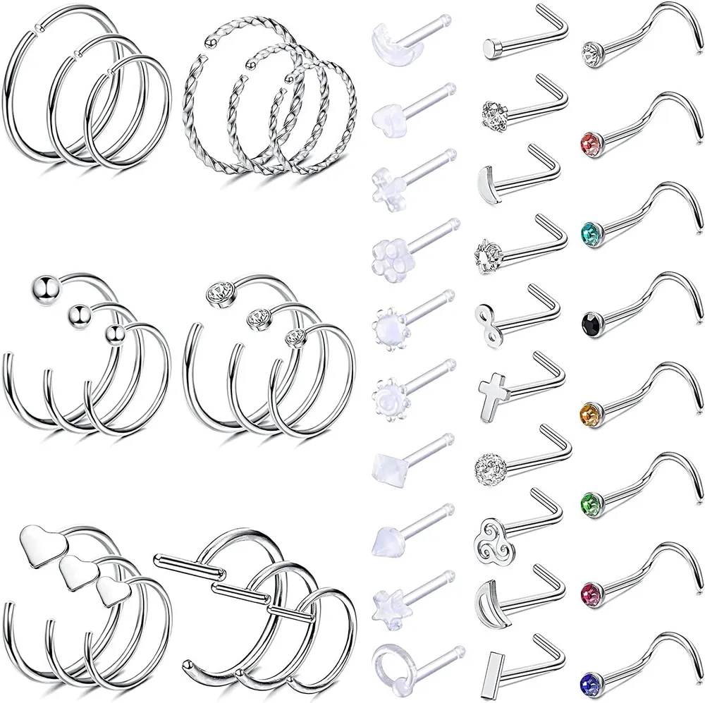 48Pcs 20G Chirurgische Stahl Nasenringe Stud Hoop Nasenringe für Frauen Männer Schraube L-geformte Knochen Acryl Clear CZ Inlaid Opal Cute Nasenringe