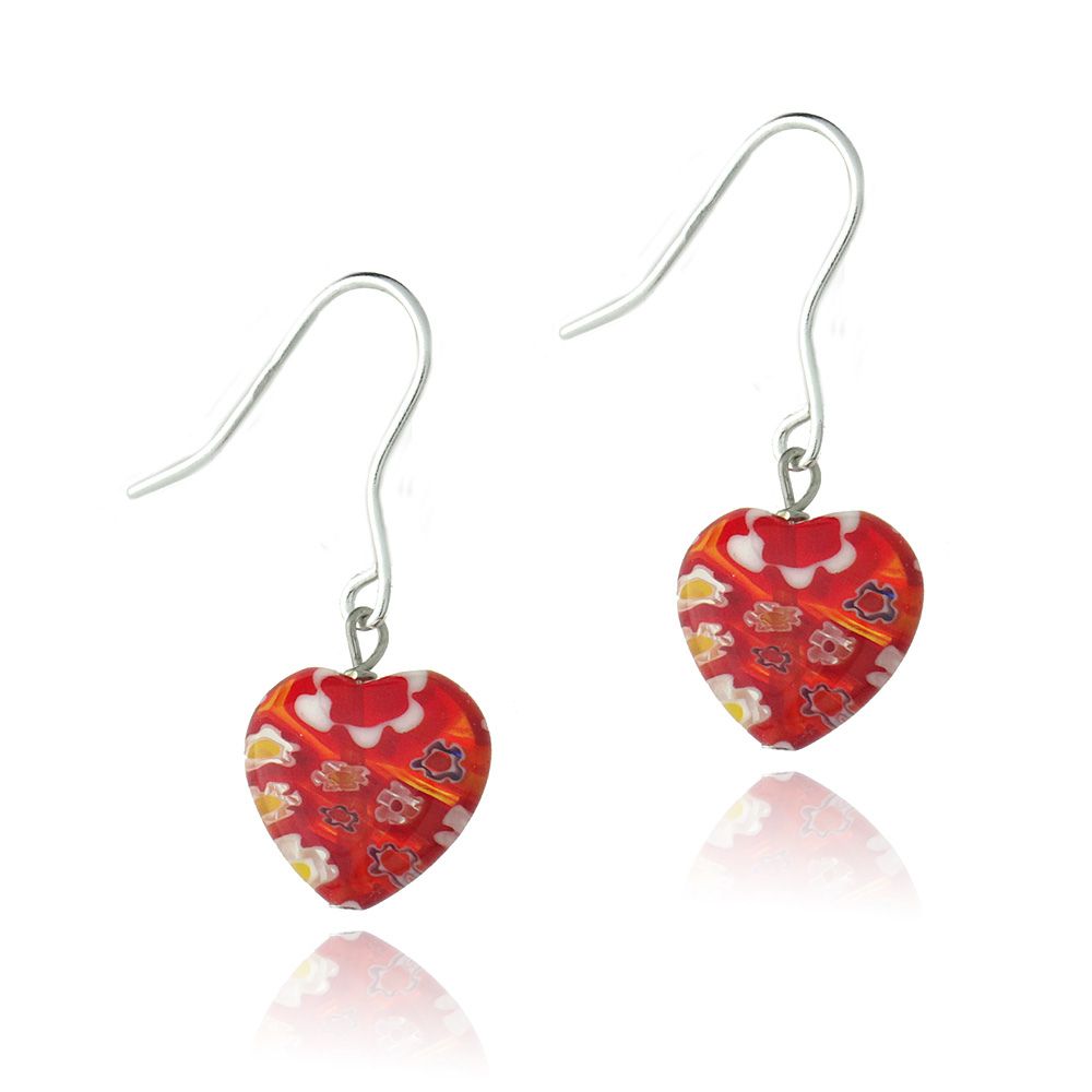 Sterling Silber Murano Glas Rot Oval Blumen Millefiori Herz Ohrringe Valentinstag