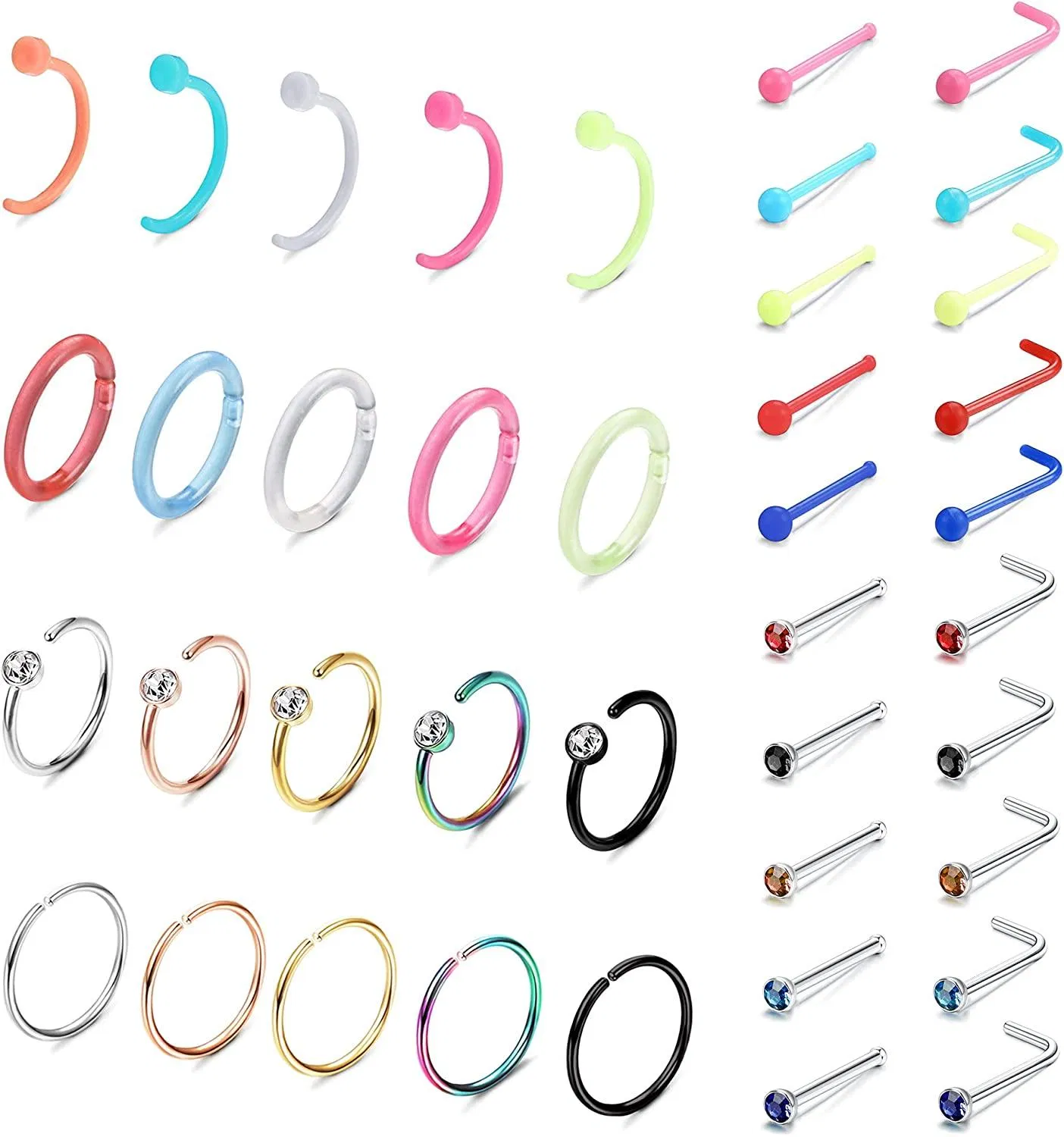 20G Chirurgische Nasen-Ring - Schleife für Frauen Männer CZ Nasen-Stocken Septum Lippen-Piercing Knorpel-Ohrringe Nasen-Piercing - Retainer Clear 40Pcs