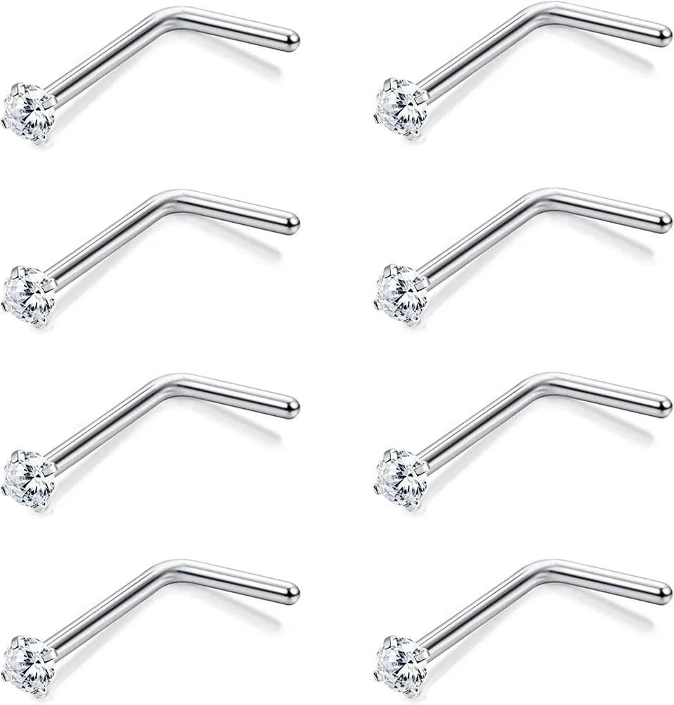 8pcs 20G Nasenringe für Frauen Männer Multicolor 5A CZ Corkscrew Nose Studs L-Form Nasenringe Edelstahl Nasen Piercing Schmuck
