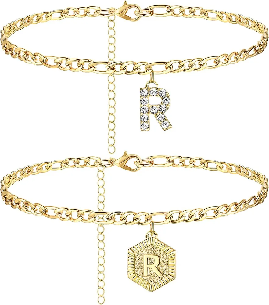 Anfängliche Knöchel-Armbänder für Frauen; Edelstahl-Schicht Figaro-Kettenbrief Anfängliche Knöchel-Armbänder mit Buchstaben-Alphabet für Frauen Mädchen (2Pcs)