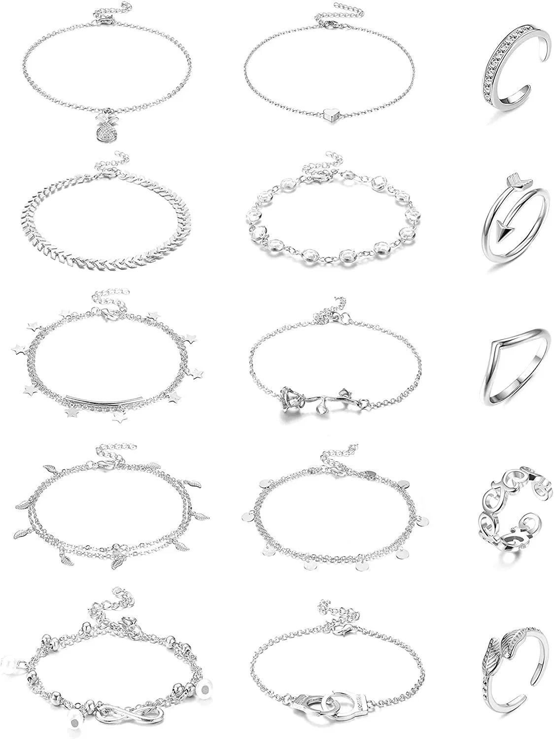 15 Pcs Ankleber und Zehenring Set für Frauen Teen Mädchen Schicht Knöchel Armbänder offen Zehen Ringe Fuß Schmuck Silber Gold Rosegold