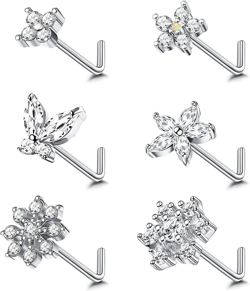6PCS 20G Nasenring Stud L-Form Nasenringe Kubik Zirkonium Schmetterling Nasen Schrauben Ringe Edelstahl Blumen Nasen Piercing Ring