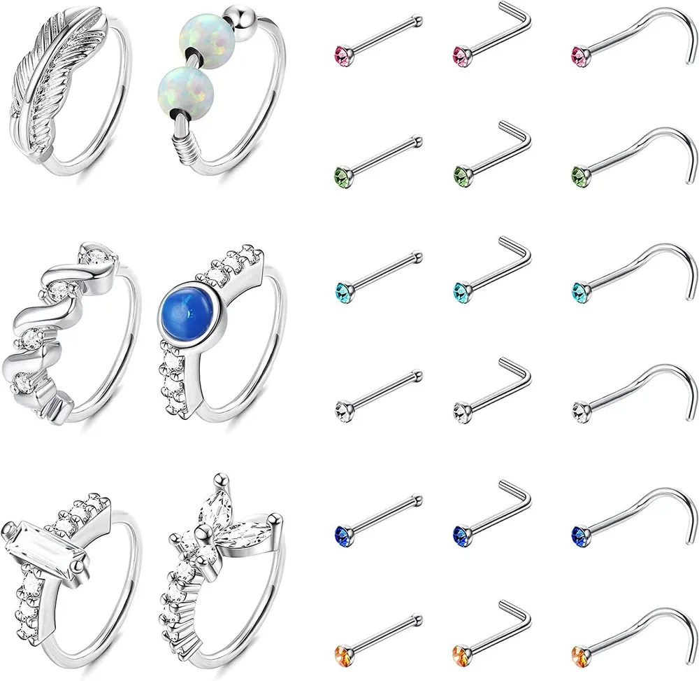 24pcs 20g Nasenringe Studs für Frauen Männer Edelstahl 8mm kleiner Knorpel Tragus Hoop Ohrringe bunte 3mm CZ Nasen Stud L Knochenschraube geformte Nasen Piercing Set
