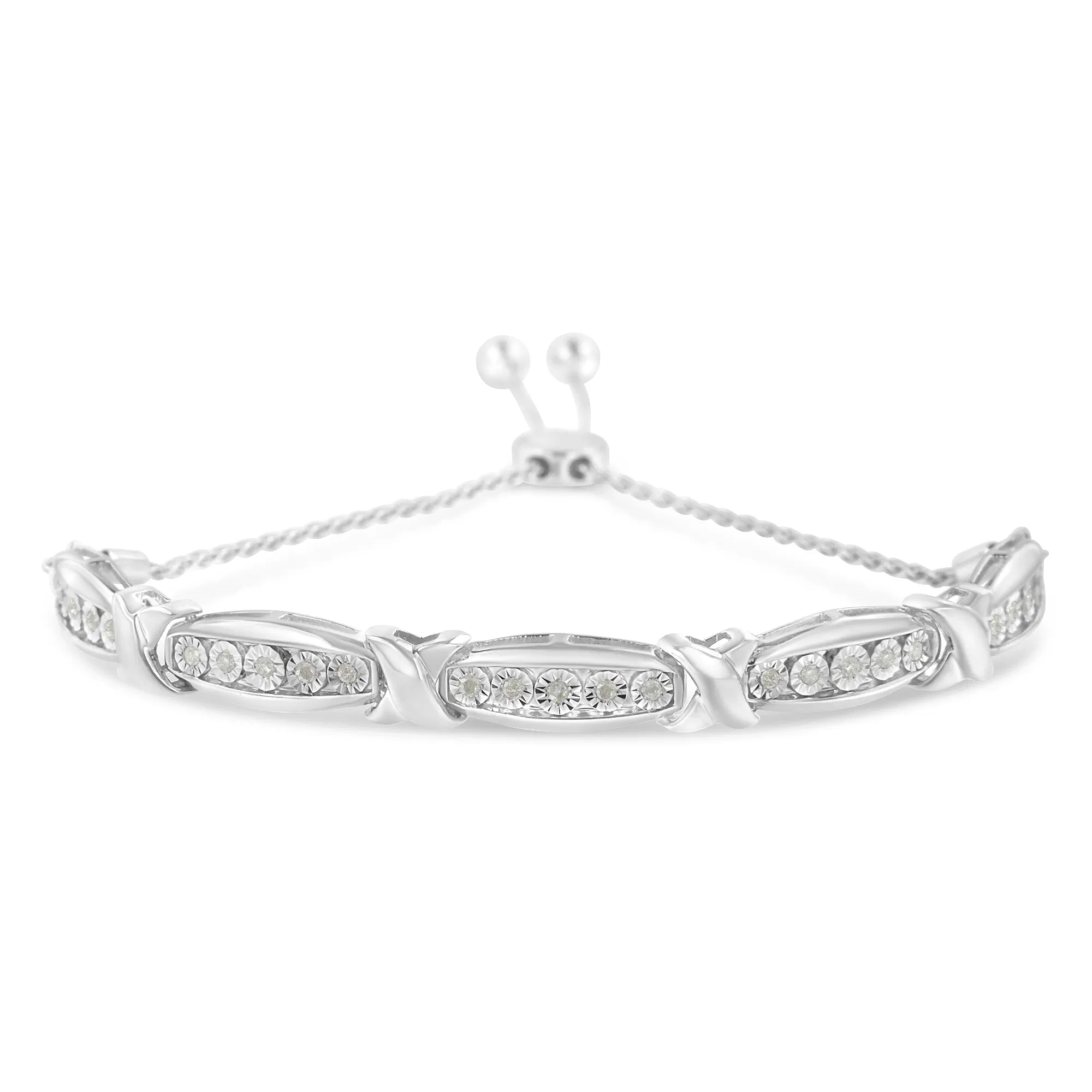 Round-Cut Diamond X & Tapered Bar Miracle-Set Bolo Armband (I-J Farbe, I3 Klarheit) - .925 Sterling Silber