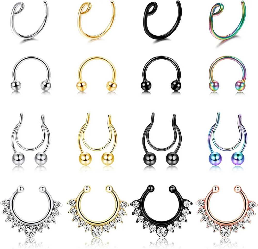 16pcs Falsche Nase Ringe Schleife Edelstahl Septum Nasen Ringe Faux Lippe Ohr Nasen Septum Ringe Non-Pierced Piercing für Frauen Männer Clip On Nose Hoop 20G 16G
