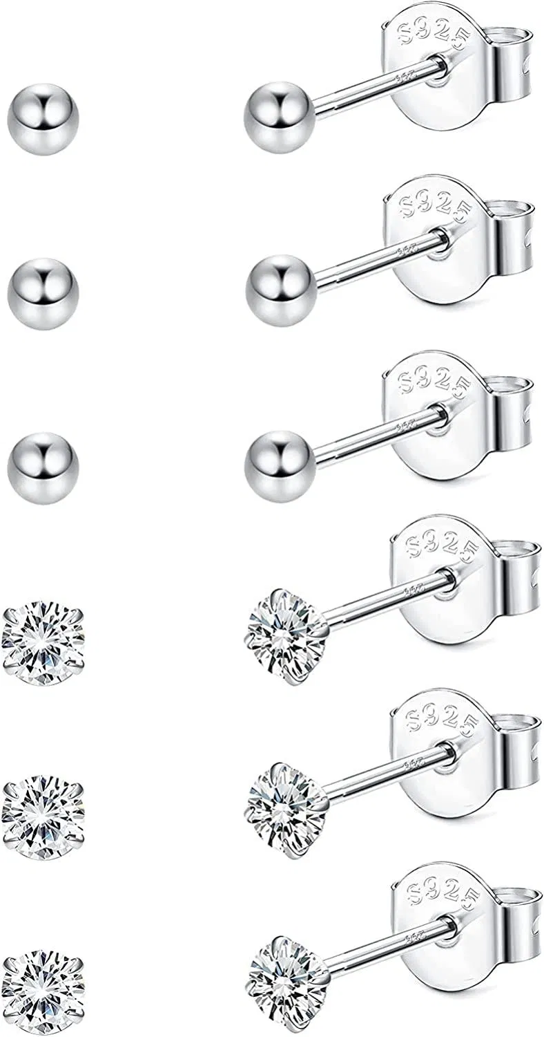6 Paare kleine Stud Ohrringe 925 Sterling Silber für Frauen Männer Ball Stud Ohrringe Hypoallergene Ohrringe Kubische Zirkonia Ohrringe kleine Schläfer Knorpel Stud Ohrringe Set für Mädchen