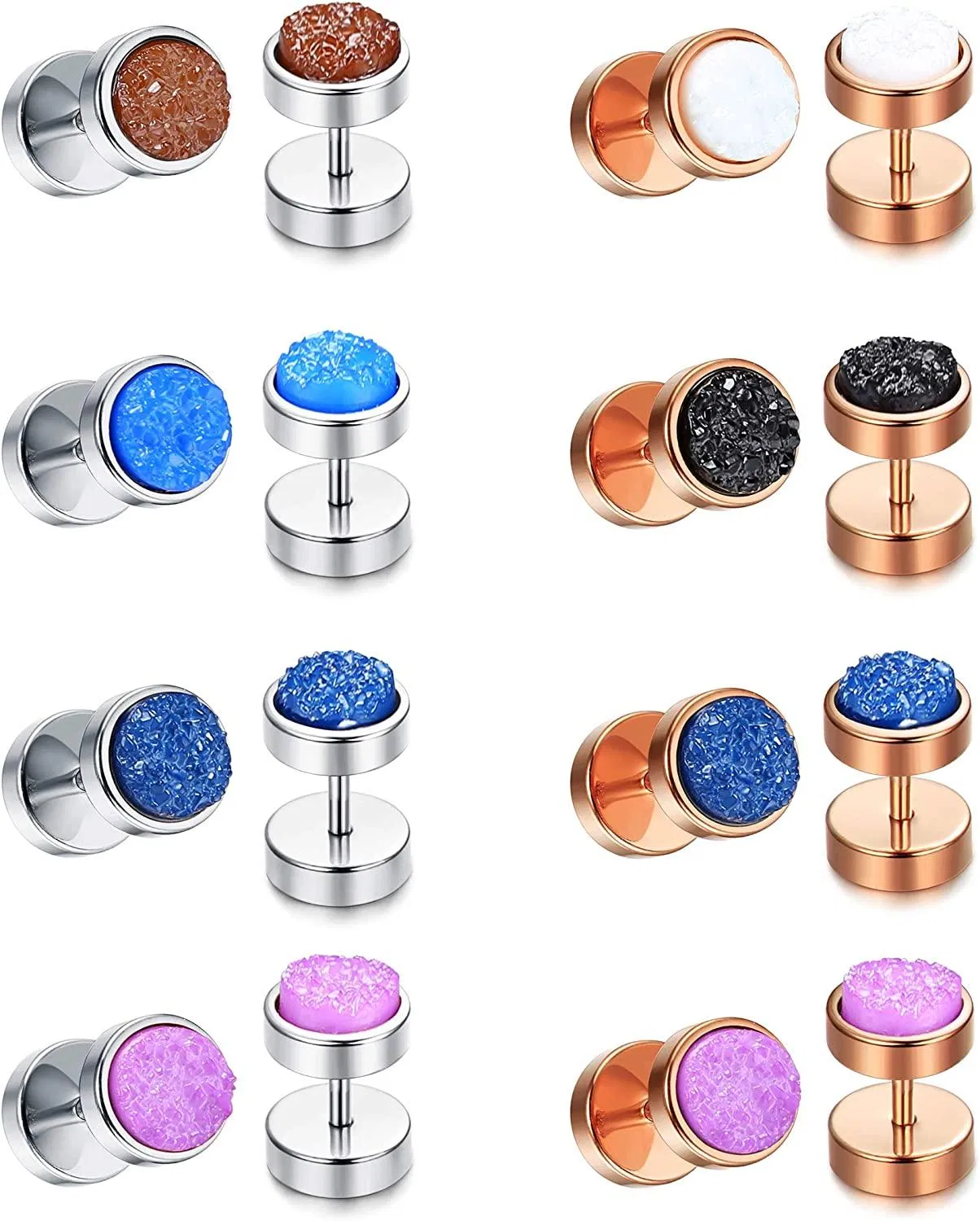 8 Paare Edelstein Kreis Flat Illusion Tunnel Dumbbell Ohrringe für Männer Frauen Dot Studs Ohrringe Cheater Ohrringe Stecker Gauge Punk Style