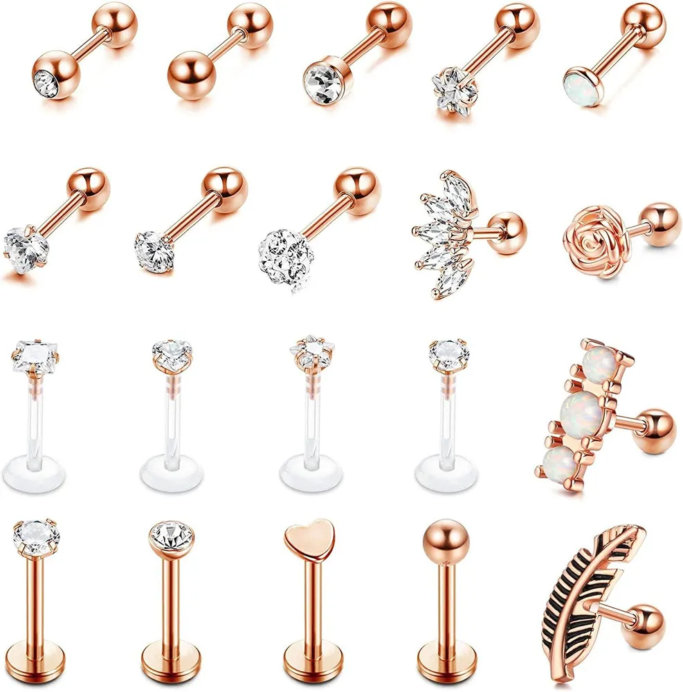 16G Edelknorpel Ohrringe für Frauen Männer Muschel Tragus Forward Helix Piercing Schmuck; CZ Herz Opalblatt; Stump Ohrringe Knorpel Ohr Piercing 20 Stück