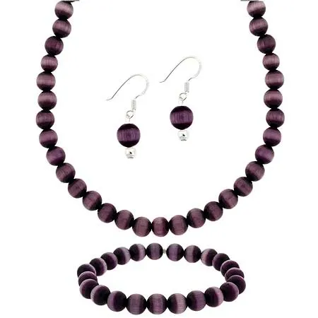 Sterling Silver 8mm Purple Glass Cats Eye Stone Bead Beaded Dangle Hook Ohrringe Stretch Armband Halskette 15 - 19