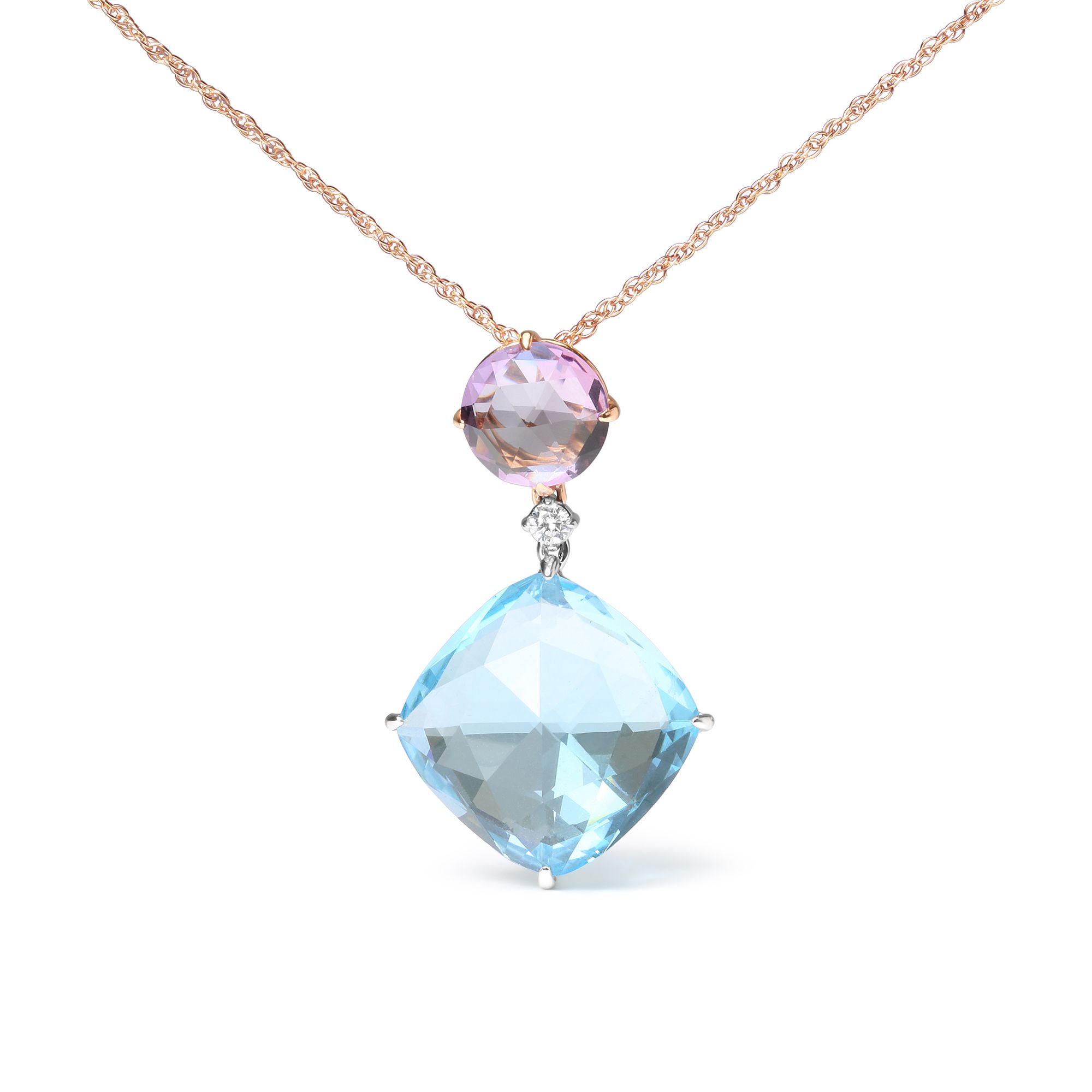18 Karat Weiß und Roségold Round Diamond Accent und Round Rose De France Pink Amethyst und Kissen Schneiden Himmelblau Topaz Dangle Drop 18