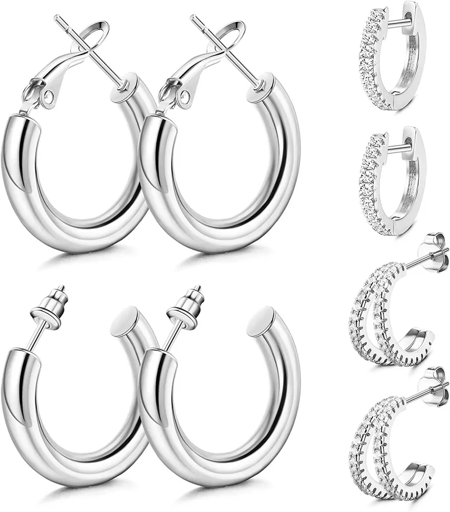 4 Paare von Dicken Hoop Huggie Ohrringe Kubik Zirkonia Manschetten Ohrringe Edelstahl Split Huggie Ohrringe Stud für Frauen