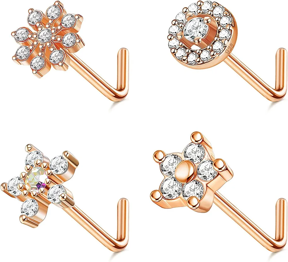 4pcs 925 Sterling Nasen Ringe Stud Für Frauen 20G Nasen Studs gepflastert CZ süße Blume Stern Nasen Piercings L-geformte Schraube Nasen Ring hypoallergener Nasen Schmuck
