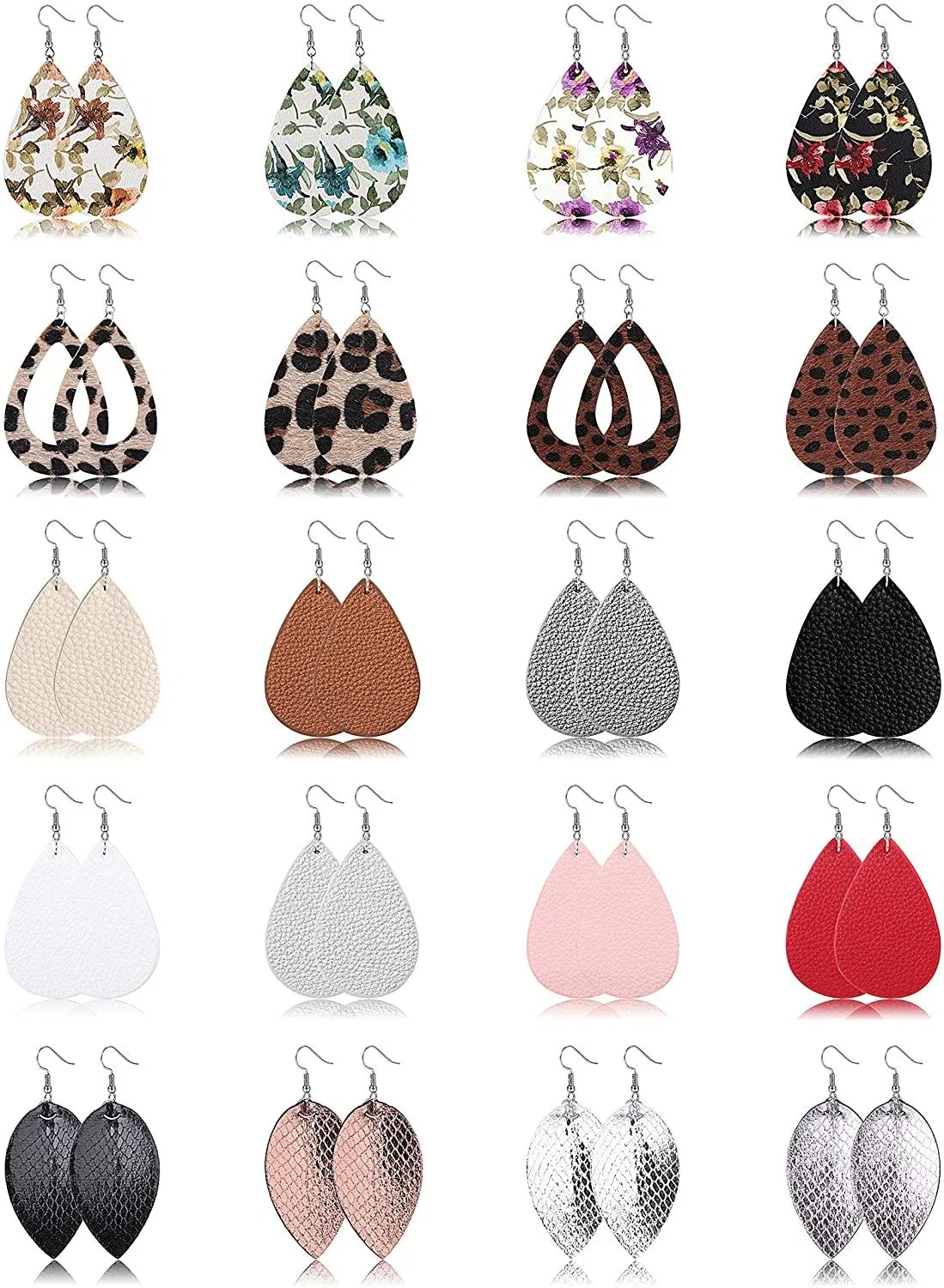 20 Pairs Teardrop Leder Ohrringe Leichtgewicht Dangle Ohrringe Leaf Leopard Print Ohrringe Set für Frauen