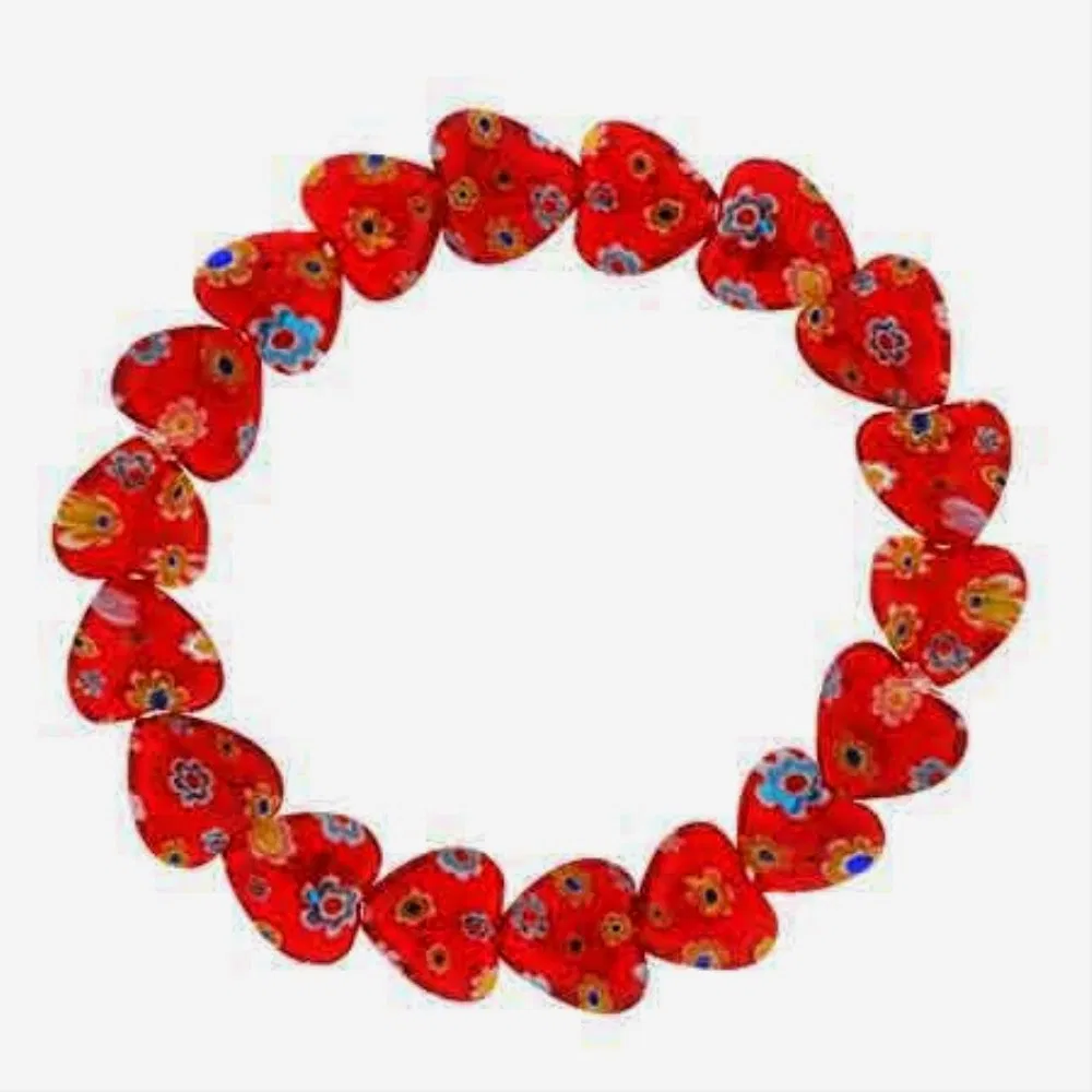 Murano Glas rotes Herz Millefiori Blumen Stretch Armband