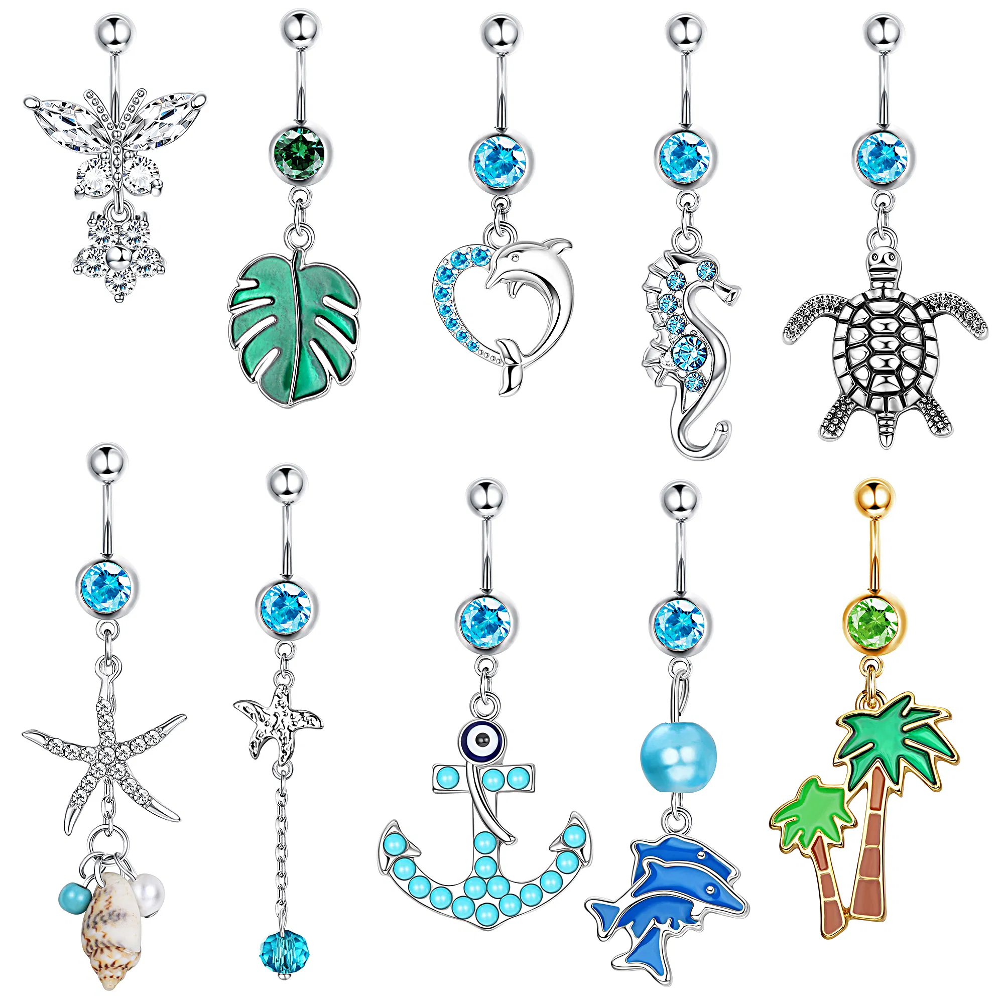 10pcs 14G Dangle Bauchknopfringe für Frauen 316L Edelstahl Nabelringe Schildkröte Hippocampus Delfin Shell Starfish Baum Ozean Barbell Bauchringe