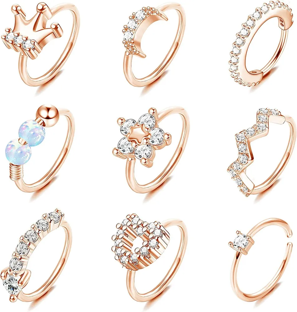 9pcs 20G Schleife Nasen Ringe gepflastert CZ Edelstahl Nasen Hoops für Frauen Männer Nasen Piercings Schmuck Opal Nasen Ringe Hoops 8mm