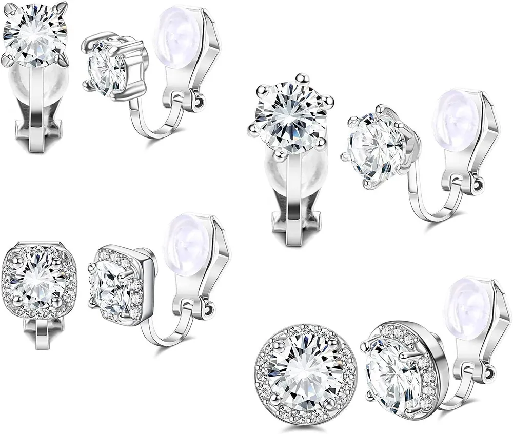 4 Paare Silber Rose Gold Clip Ohrringe für Frauen Mädchen Kubik Zirkonia Stud Ohrringe Hypoallergen Nicht-Pierced Clip On Ohrringe Mode Geschenk