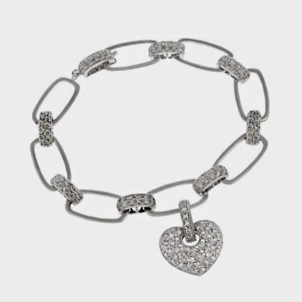 Sterling Silber Pflaster CZ Rechteck Link Armband mit CZ Herz Charm