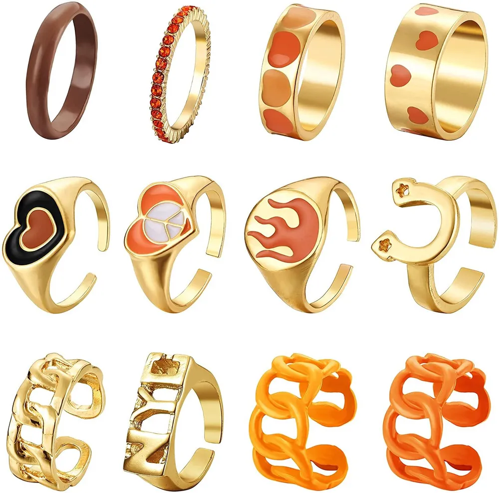 12 Stück Y2K bunte Ringe Acryl Kunststoff Harz Rheinstein Edelstein Legierung Ringe Pink Orange Purpur Grünes Herz UFO Blume Ying Yang CZ Square Stackable Cute Chunk Trend für Frauen Mädchen Größe 7 - 9