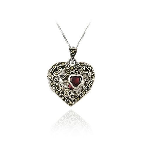Sterling Silber Marcasit und Garnet Filigree Heart Locket Anhänger