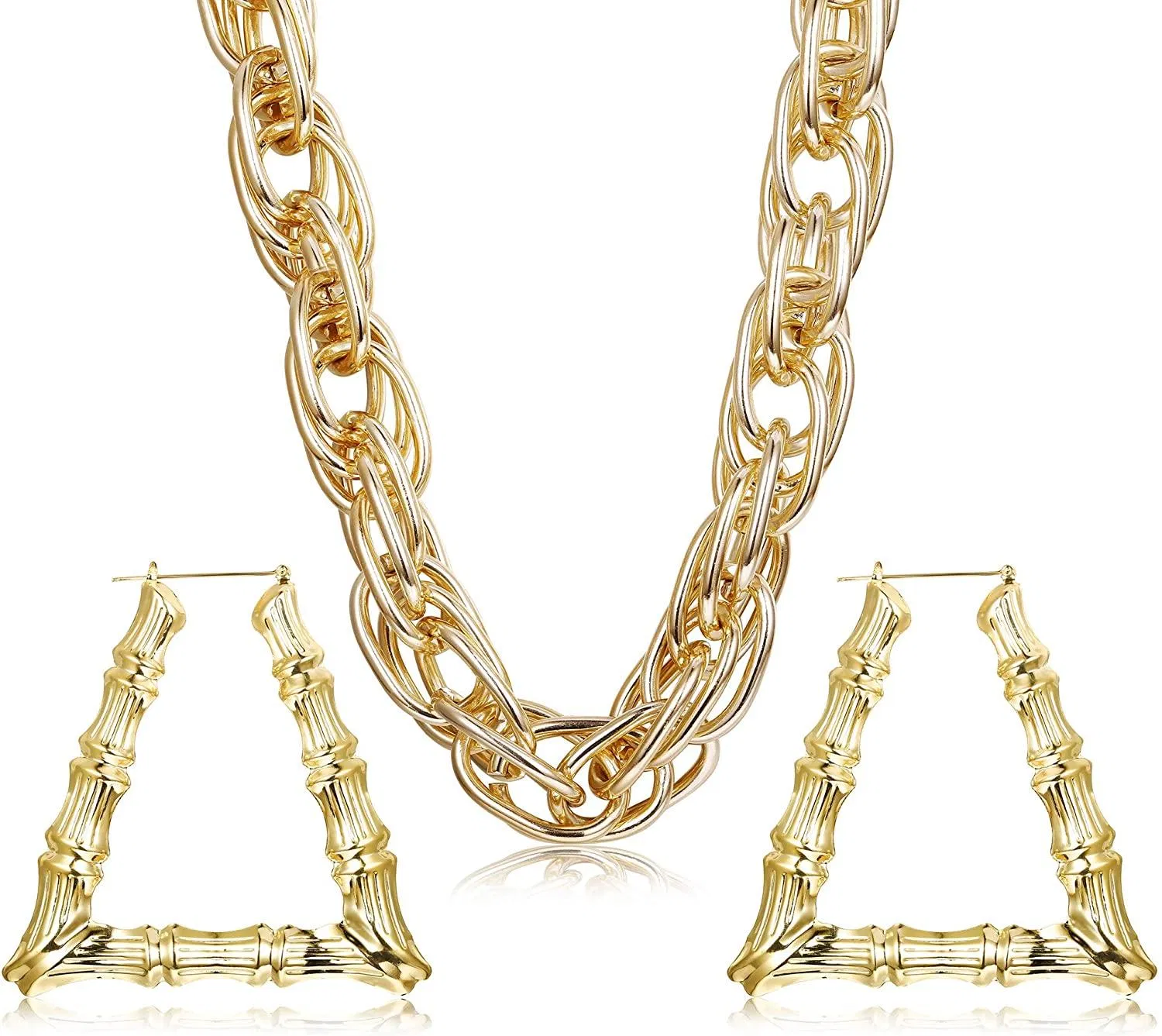 Goldplated Chunky Rope Chain Halskette und große Hohl-Gieß Dreieck Bambus Hoop Ohrringe Set für Männer Frauen Punk Hip Hop Kostüm Kit 80er / 90er Rapper Accessoires