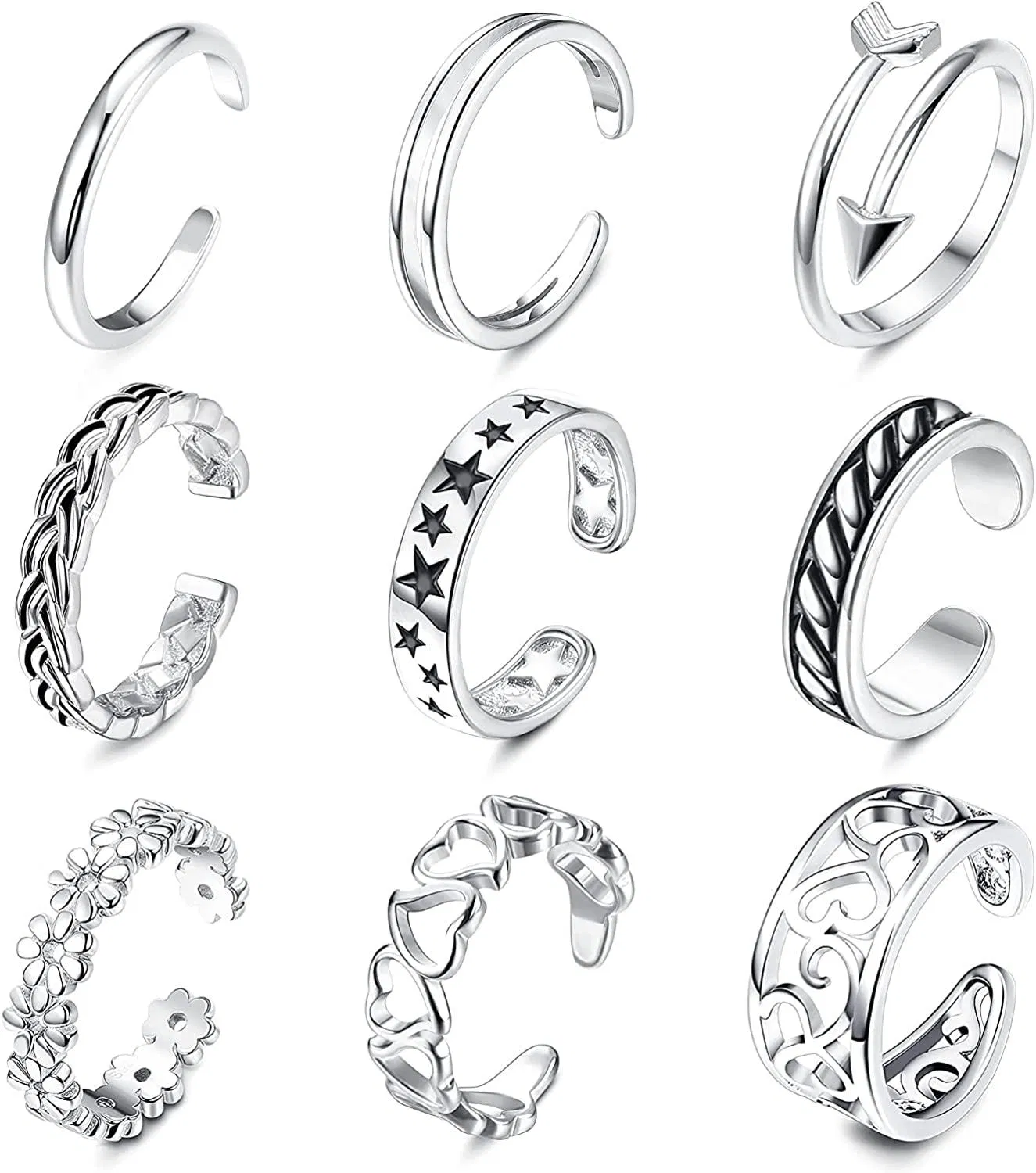9PCS Open Toe Rings Set Verstellbarer Vintage Fingerring für Frauen Herz Celtic Star Tail Band Ringe Retro Beach Fuß Ring Schmuck Größe 3