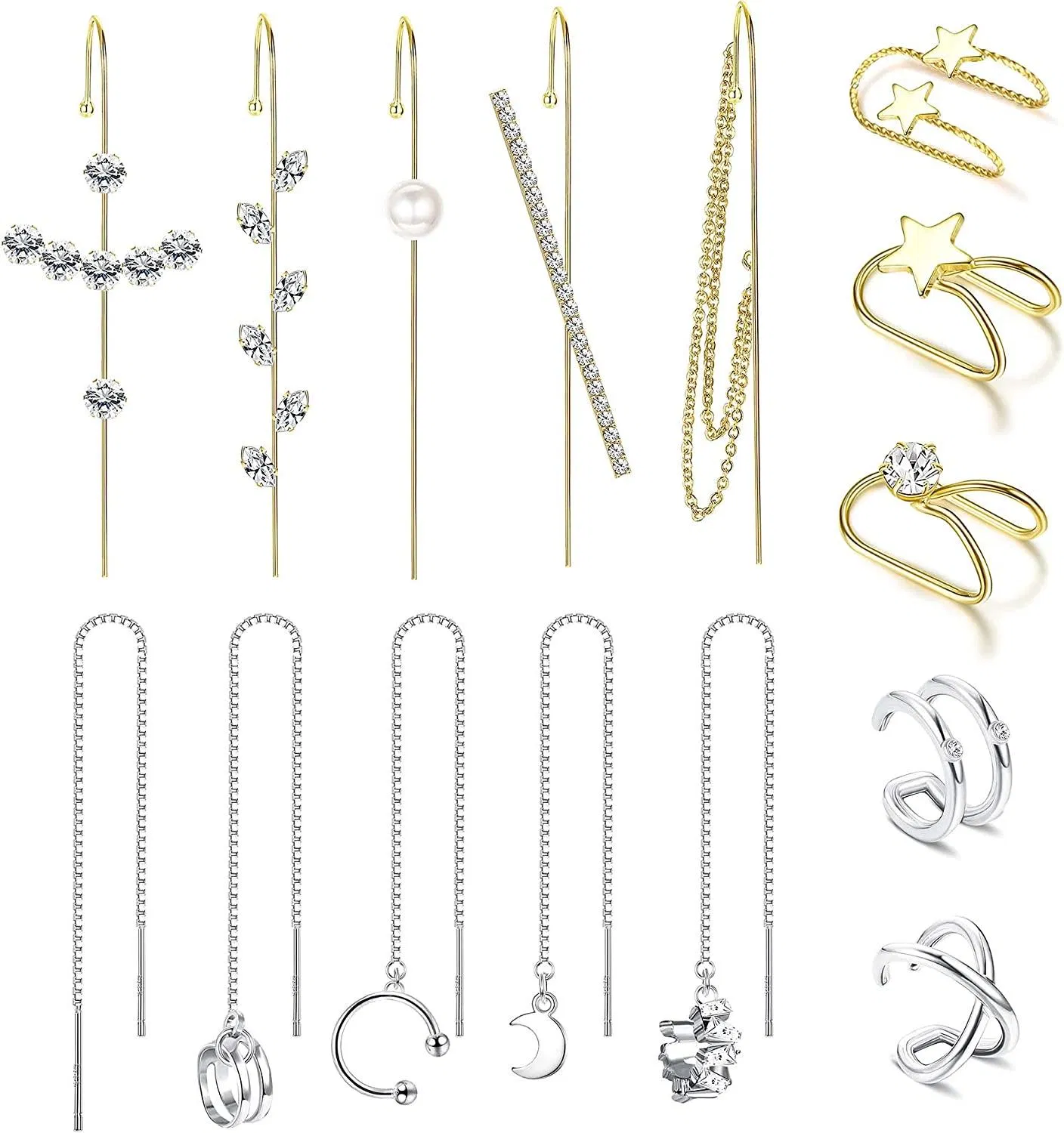 15Pcs Ohr Wrap Crawler Hook Ohrringe Manschettenketten Ohrringe für Frauen Gold Silber Threader Ohrringe Ohrringe Cuffs