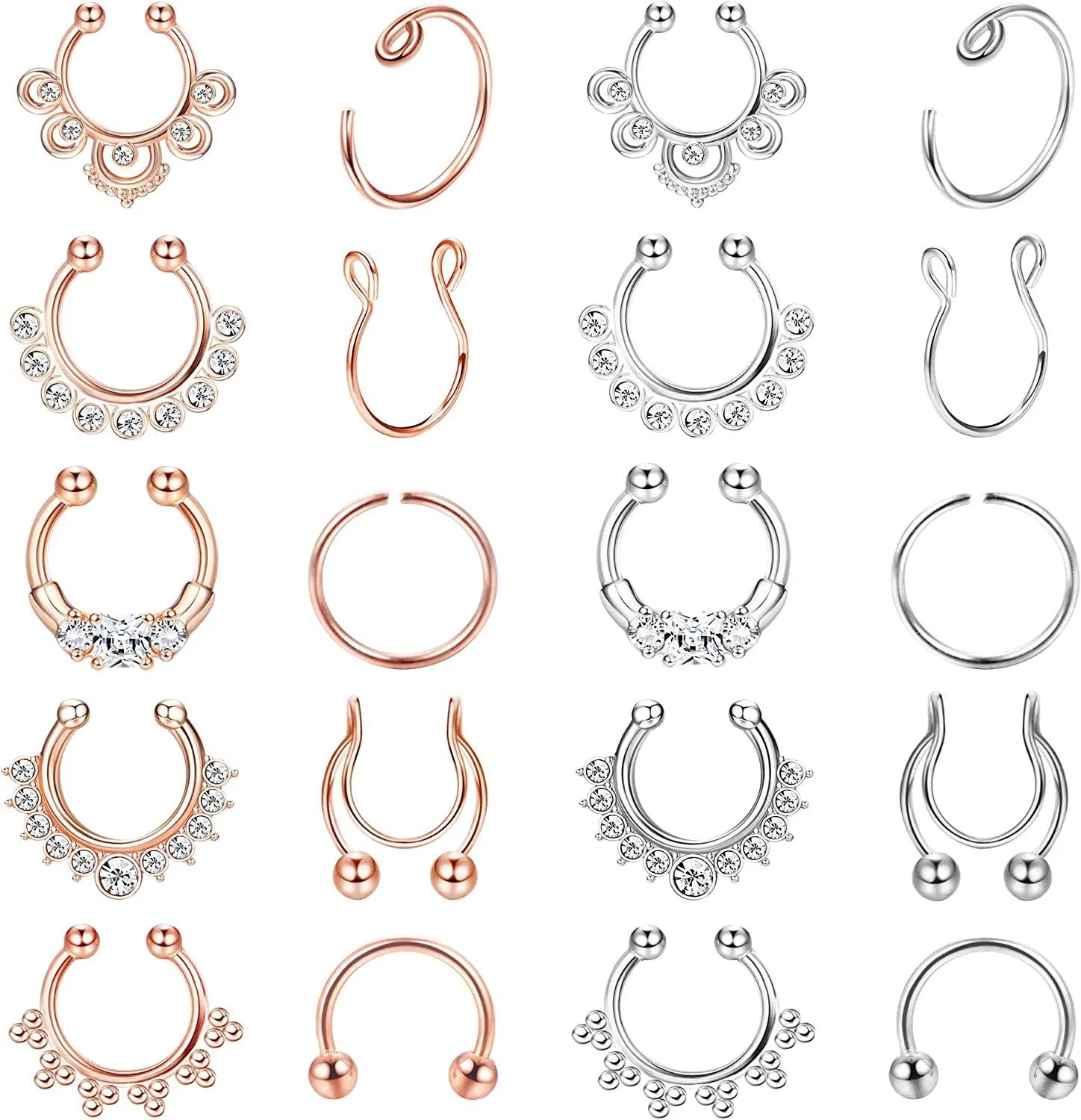 20Pcs Fake Septum Nose Hoop Rings für Frauen Männer CZ Nasen Hoop Ringe Clip auf verstellbare Fake Lippe Ohr Nase nicht durchbohrte Hoop Ringe Chirurgischer Stahl