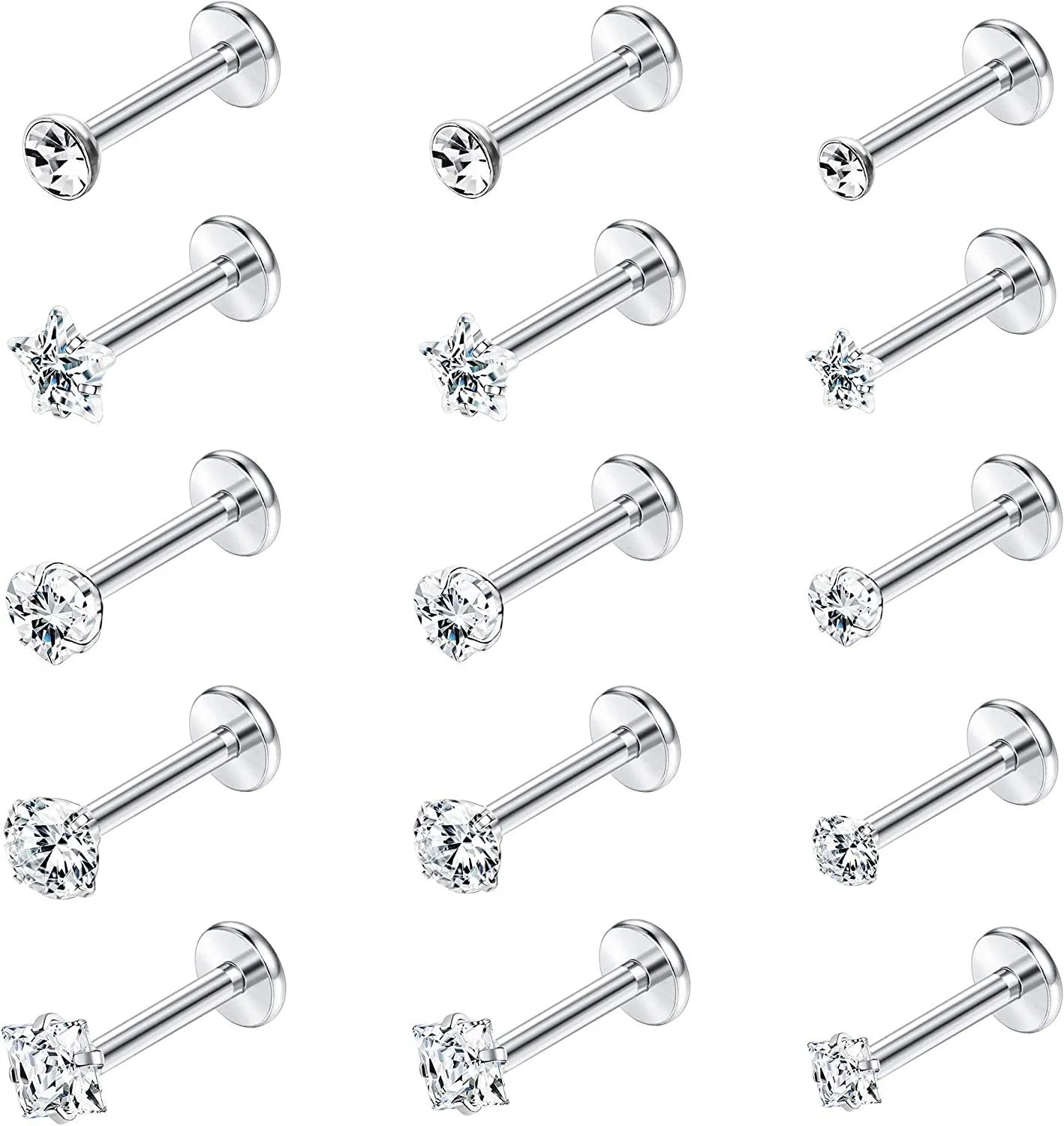 15Pcs 16G Vorwärtshelix Knorpel Tragus Ohrring Stangen Innere Gewinde Labret Monroe Lippenringe Edelstahl Clear Acrylic Barbell Piercing Set