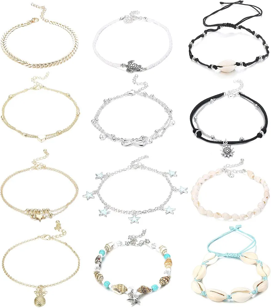 12pcs Handgefertigte Sternenschildkröte Ankletschen Armbänder für Frauen Mädchen verstellbare Charme Ankletschenken Boho Knöchelketten Fuß Set