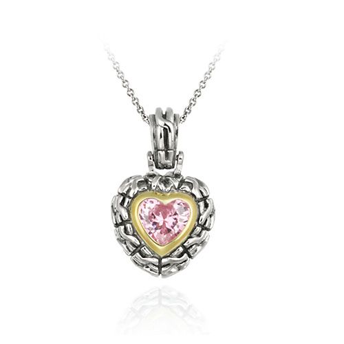 Sterling Silber Zwei Tone Designer Inspiriert Licht Pink CZ Herz Anhänger w / Geflecht Grenze