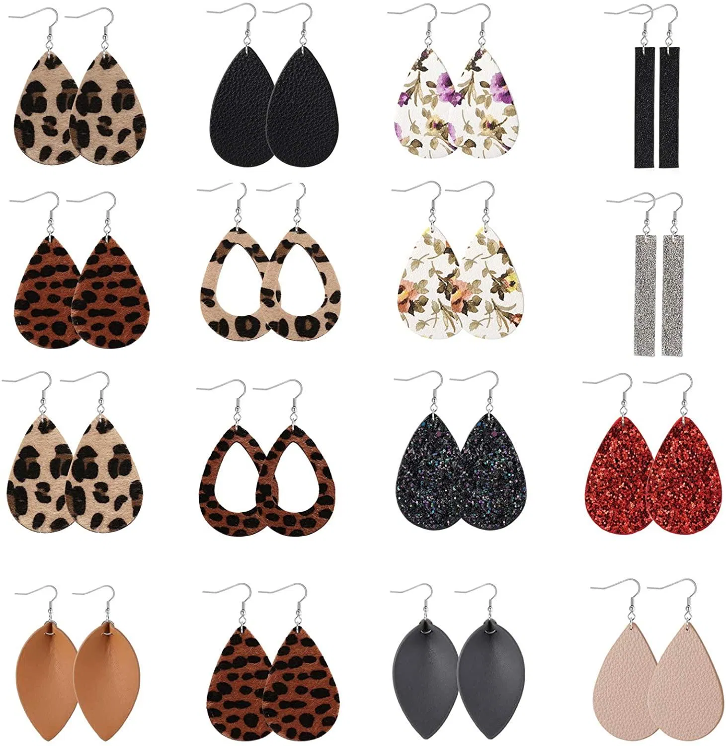 16 Paare Leder Tränentropfen Dangle Ohrringe für Frauen Petal Leopard Print Leaf Drop Antique Leichtgewicht Ohrringe