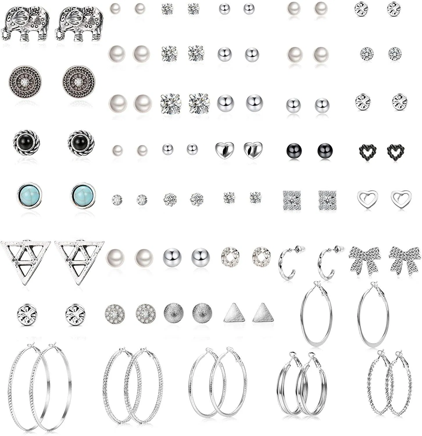 45 Paare Assorted Multiple Stud Ohrringe für Frauen Big Hoop Ohrringe Silberton