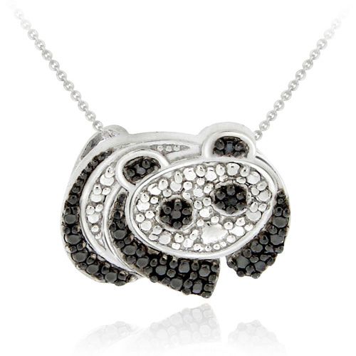 Sterling Silber Schwarz Diamant Akzent Pflasterung Panda Bär Anhänger