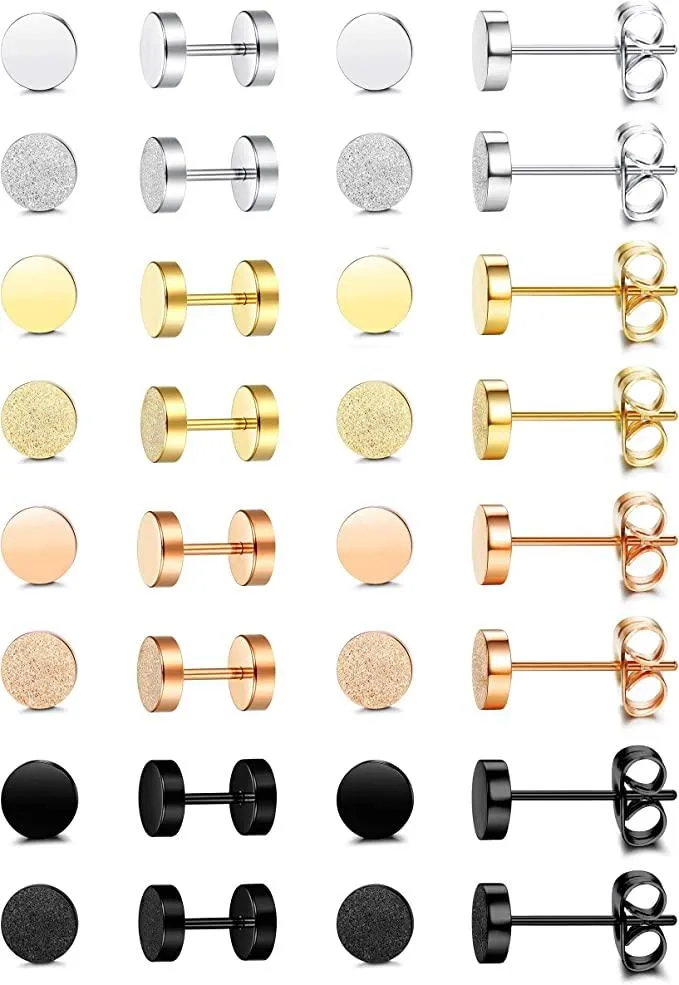 16 Paare Rostless Round Flat Stud Ohrringe für Männer Frauen Knorpel Barbell Ohrringe Stecker Tunnel Ohr Piercing