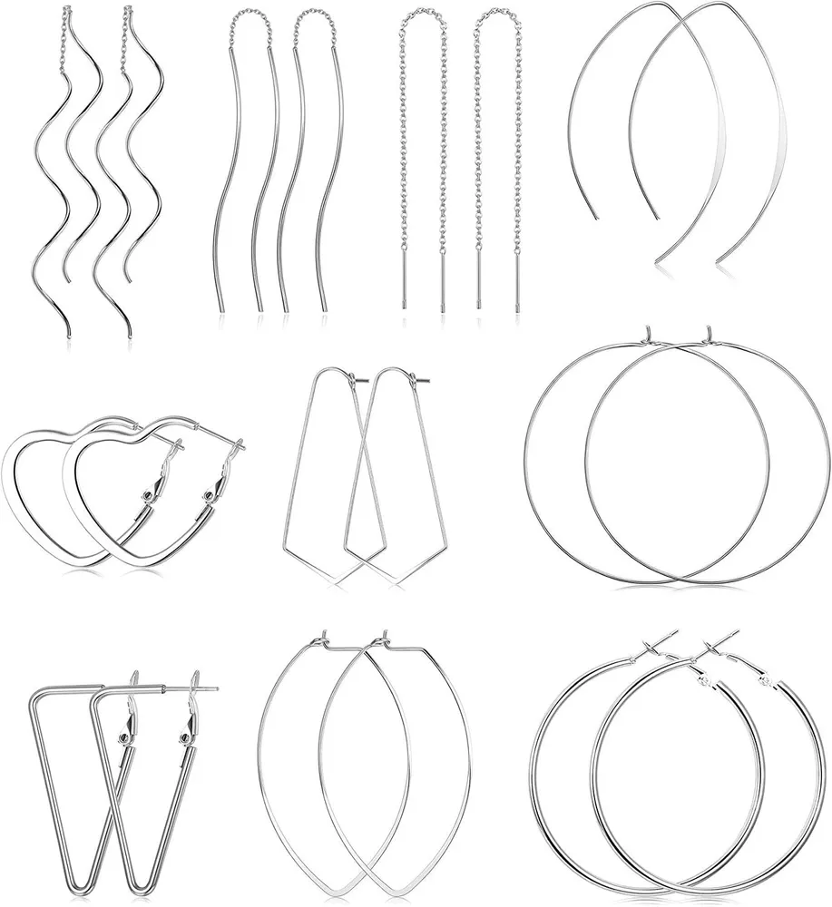 10 Pairs Edelstahl Curved Threader Ohrringe Leichtgewicht Hoop Drop Dangle Ohrringe Set für Frauen