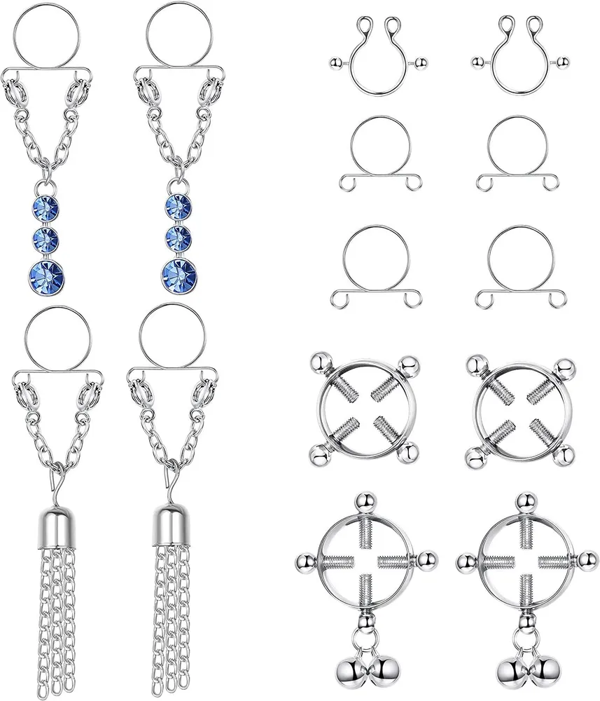 5Paare Falsche Nipple Ringe für Frauen Männer Verstellbare Schildringe mit Glocke Chirurgische Nipple Clamp Ringe Nicht-Piercing Nipple Ringe Hängel Clip Auf Falsche Nipple Ringe