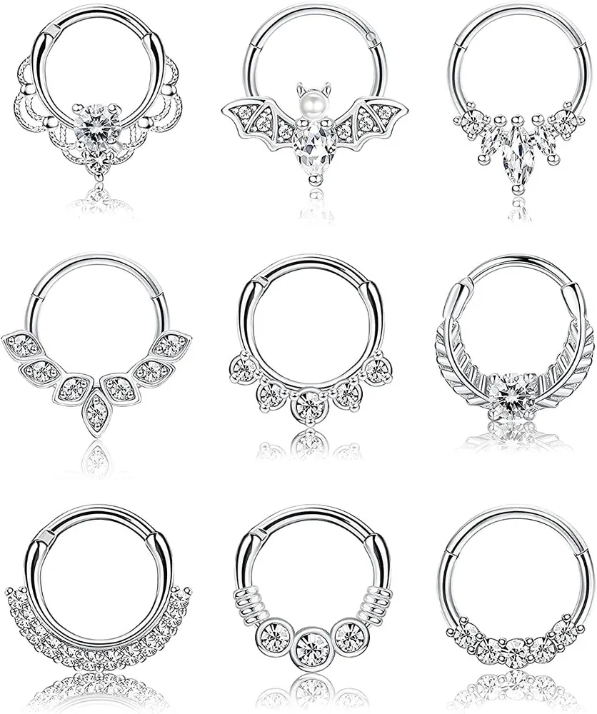 9PCS 16G Septum Clicker Ring Edelstahl Fledermaus CZ Nasenring Schleife Tragus Helix Knorpel Daith Hoop Ohrringe Scharnier Segment Clicker Ring Ohr Nasen Muschel Piercing 8MM 10MM