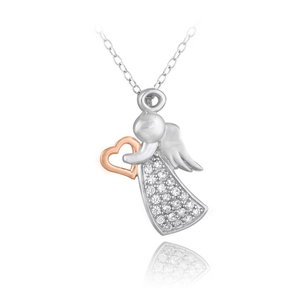 Sterling Silber Zwei Tone Rose Gold Tone CZ Engel & Herz Halskette