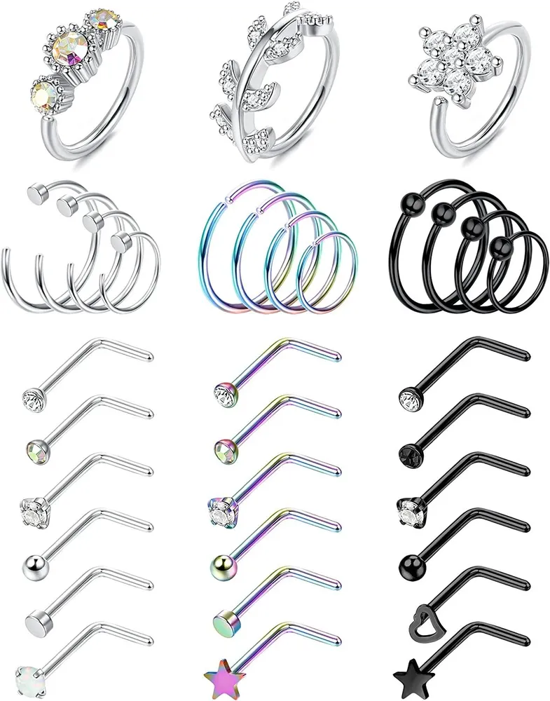 33Pcs 20G Hoop Nose Rings Studs für Frauen Männer 316L Edelstahl Nasen Ringe Set L-Form Nasen Piercing Studs