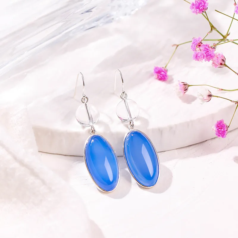 S925 Silber eingelegt Blau Chalcedony Ohrringe lange rund weiße Kristall Anhänger chinesischer Stil Ohrringe