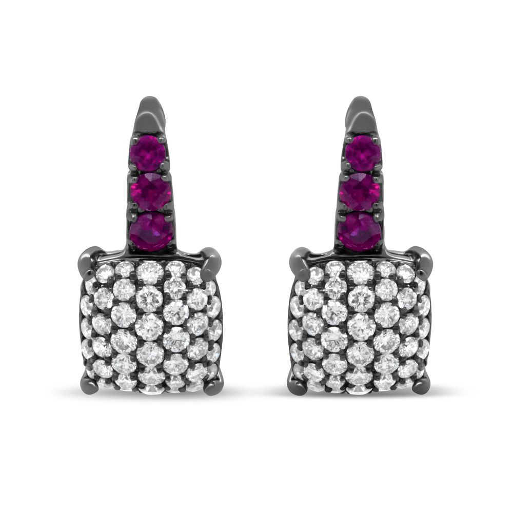 Schwarzes Rhodium überplatte 18 Karat Weißgold 7 / 8 Cttw Runder Diamant und Graduierten Rot Ruby Drop Ohrringe (F-G Farbe, VS1 - VS2 Klarheit)