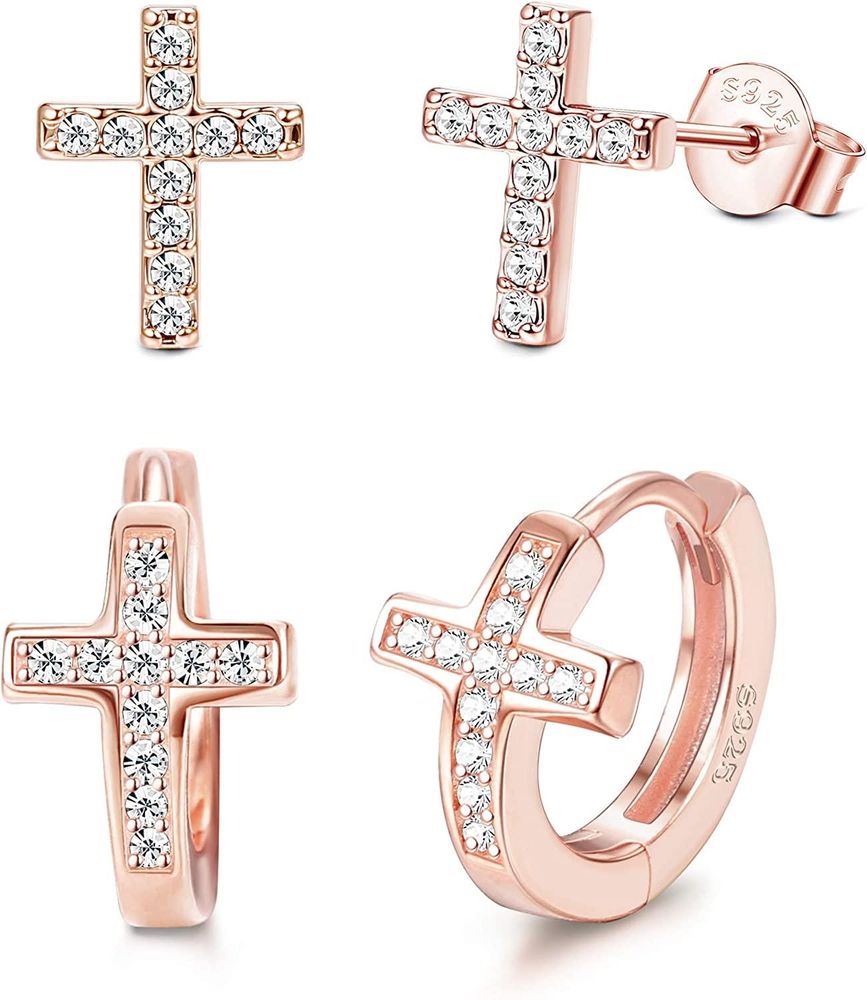 2 Paare 925 Sterling Silber Cross Hoop Ohrringe für Frauen Mens CZ Cross Stud Ohrringe Set