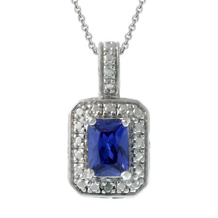 Sterling Silber Diamant Akzent & Blau CZ Rechteck Anhänger