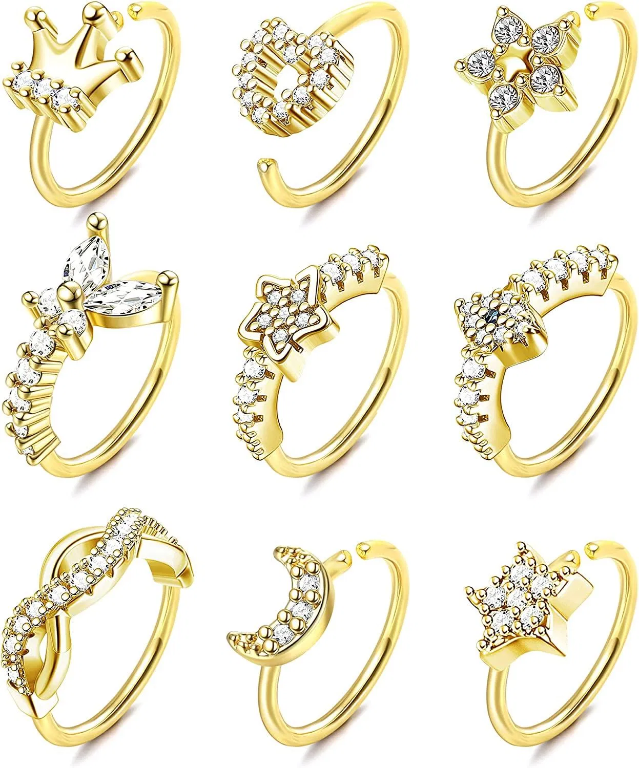 9pcs 20G Nasenringe Hoop für Frauen Männer gepflastert CZ Schmetterling Stern Mond Nasenring Knorpel Helix Ohrringe Hoop Nasen Piercing