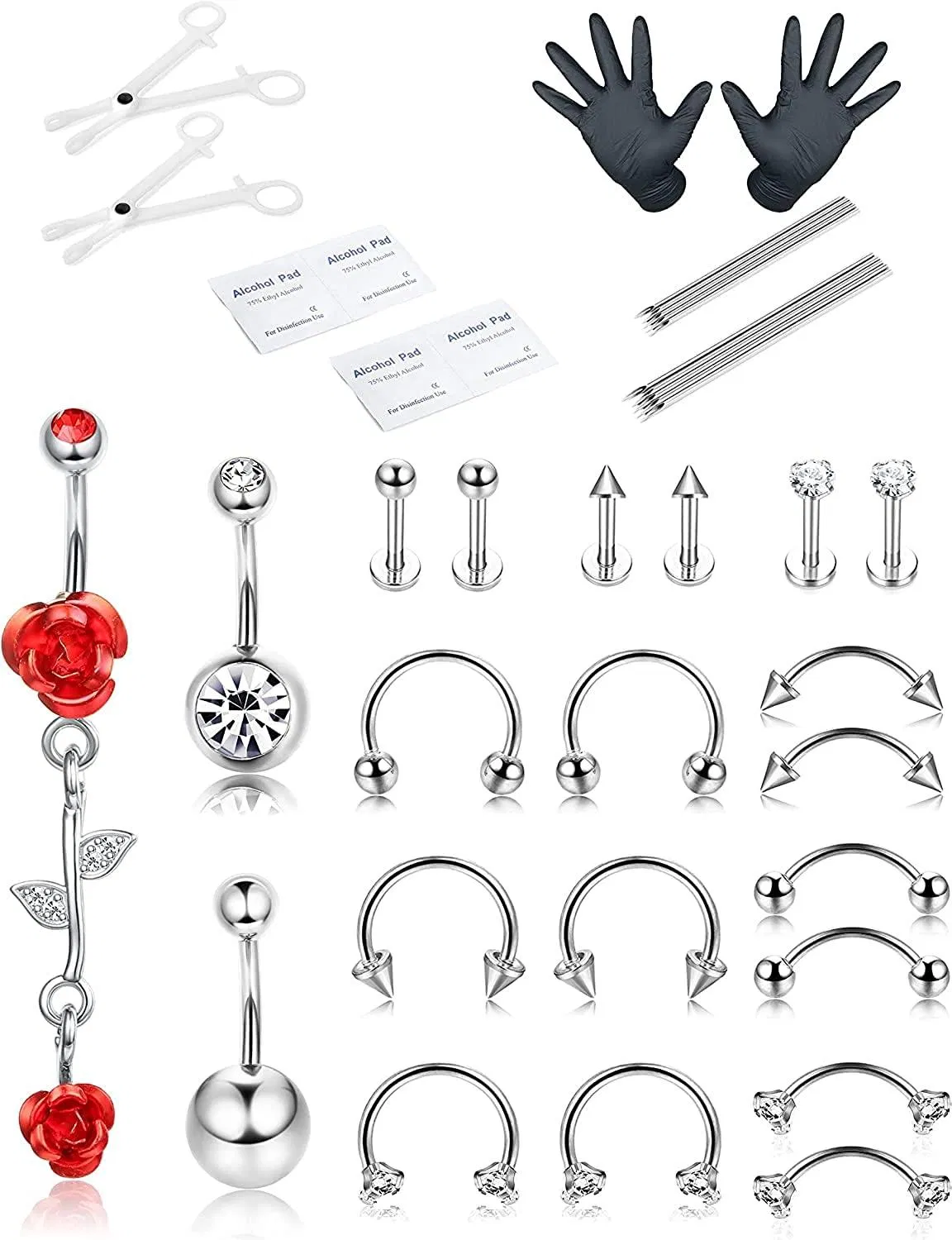 21PCS Professional Piercing Kit Edelstahl Bauchknopf Ringe Septum Nasen Lippen Labret Augenbrauen Knorpel Tragus Ringe Körper Piercing Werkzeuge